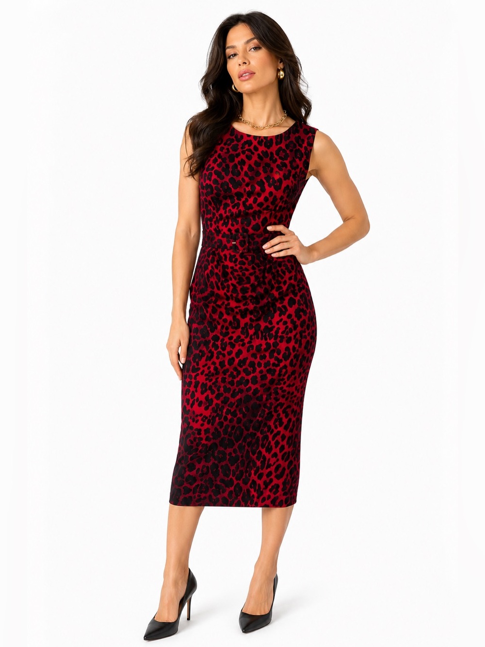 Cache Vintage Red Black Leopard Print Midi Dress Belted Sheath Mob Wife Size 12